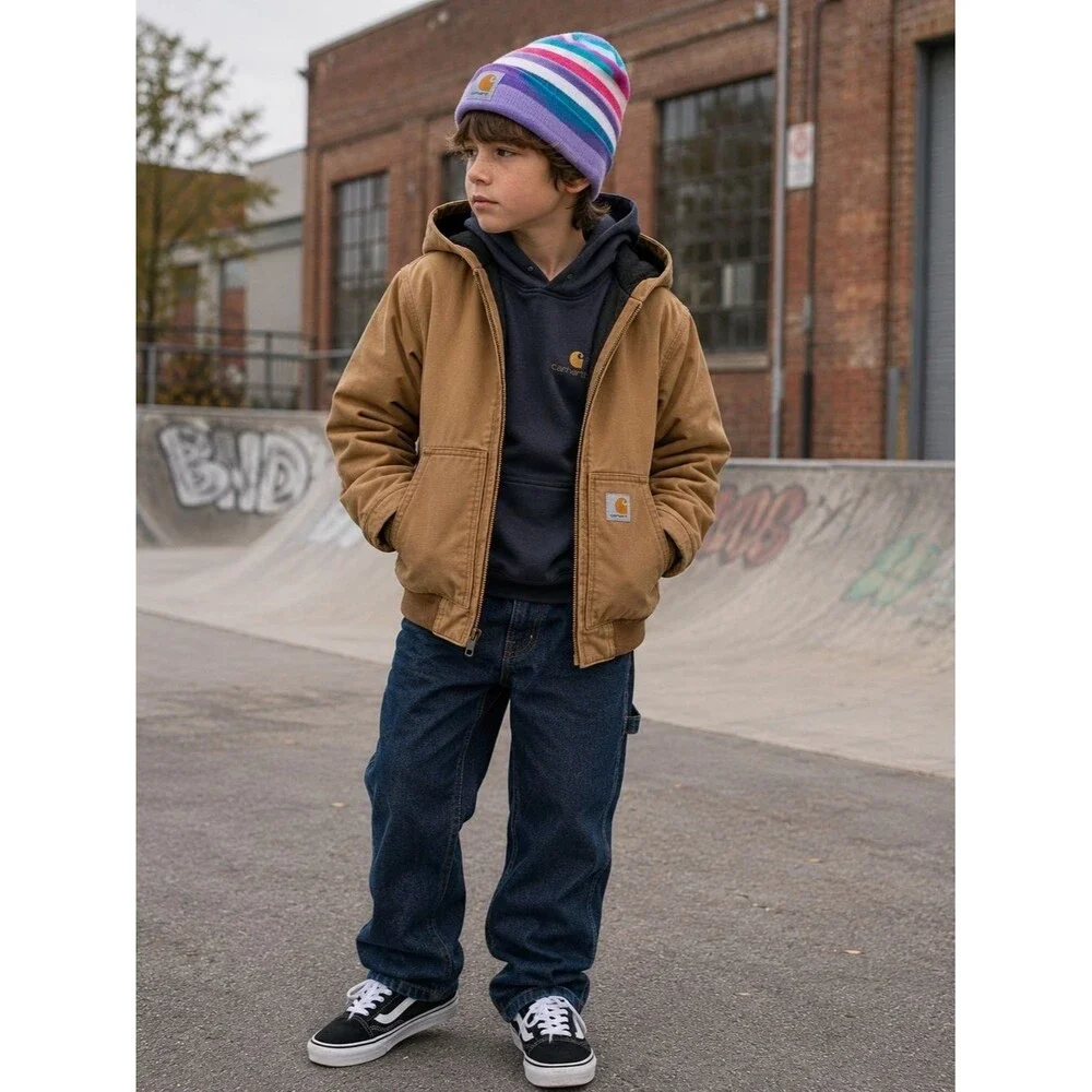 Carhartt Youth One Size Striped Beanie Hat Winter Fleece Lined Purple Pink Blue